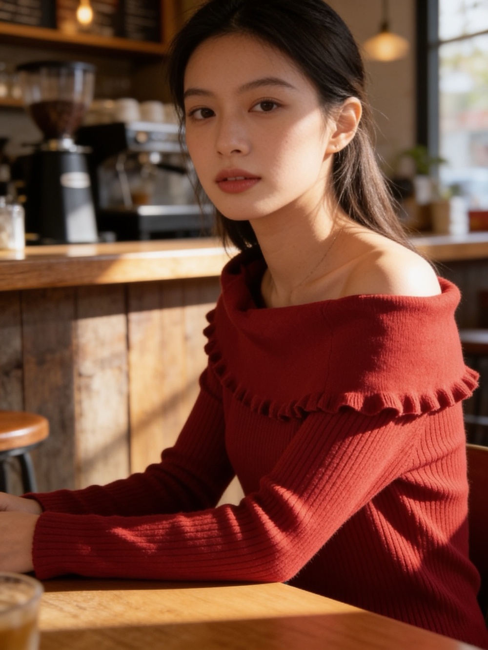 Red  Ribbed Women's Sweater - Picture 2 of 5